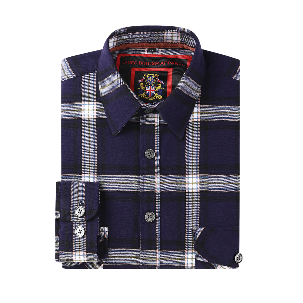 Mens Flannel Shirt Lumberjack Plaid Check Cotton Patch Pockets Shacket Designer by Janeo British Apparel. Medici French Navy - Image 9