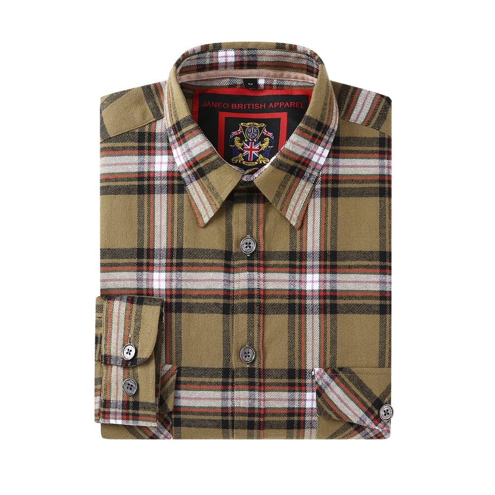 Mens Flannel Shirt Lumberjack Plaid Check Cotton Patch Pockets Shacket Designer  by Janeo British Apparel. Citrine Olive Green - Image 7