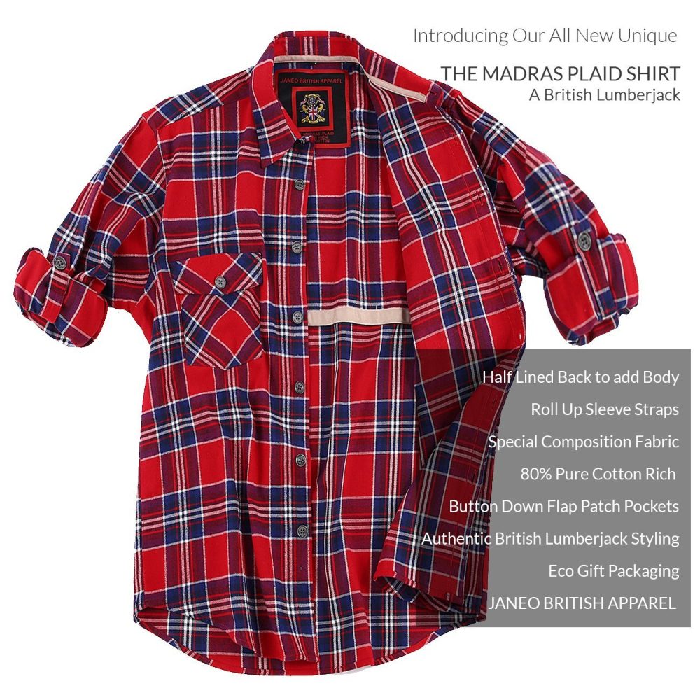 Mens Flannel Shirt Lumberjack Plaid Check Cotton Patch Pockets Shacket Designer by Janeo British Apparel. Shakespear Red - Image 7
