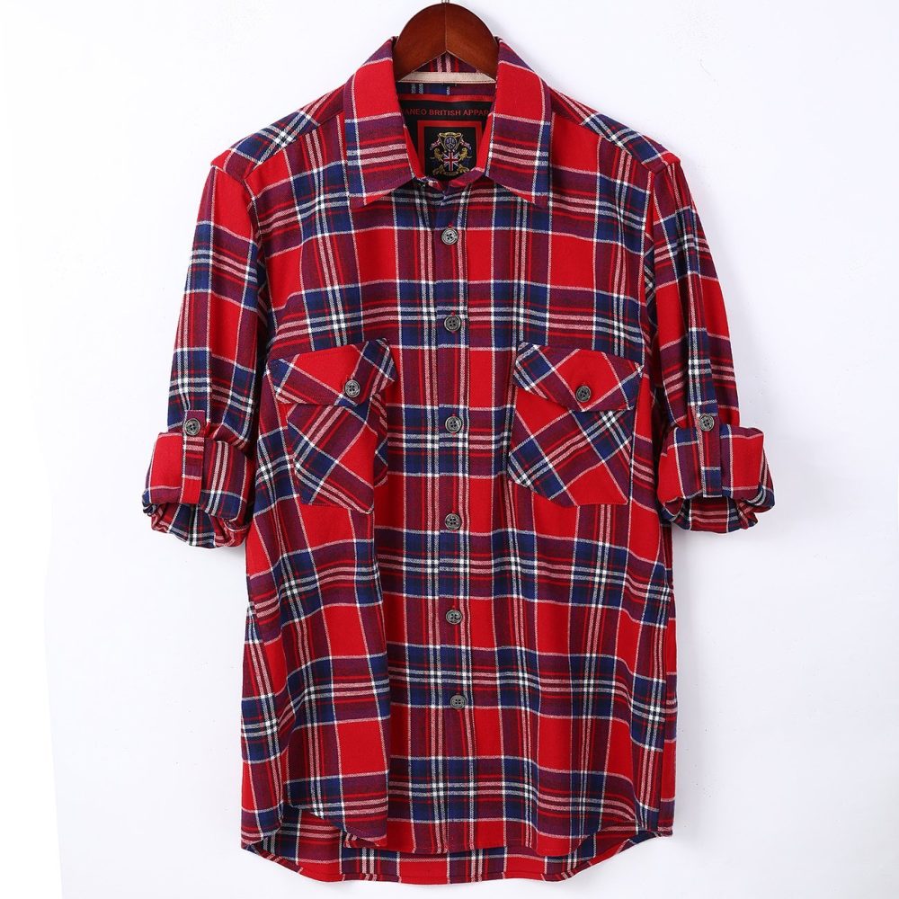 Mens Flannel Shirt Lumberjack Plaid Check Cotton Patch Pockets Shacket Designer by Janeo British Apparel. Shakespear Red - Image 6