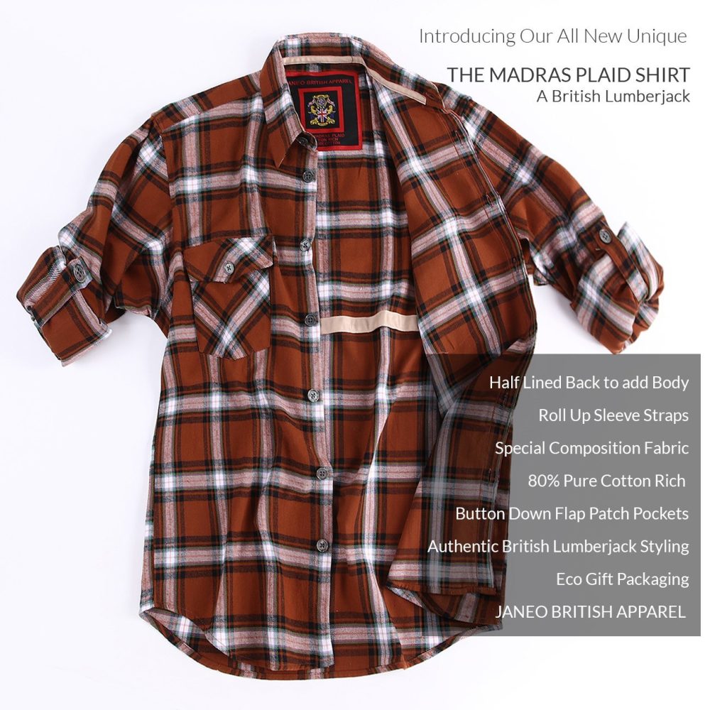 Mens Flannel Shirt Lumberjack Plaid Check Cotton Patch Pockets Shacket Designer  by Janeo British Apparel. Sienna Soft Brown - Image 7