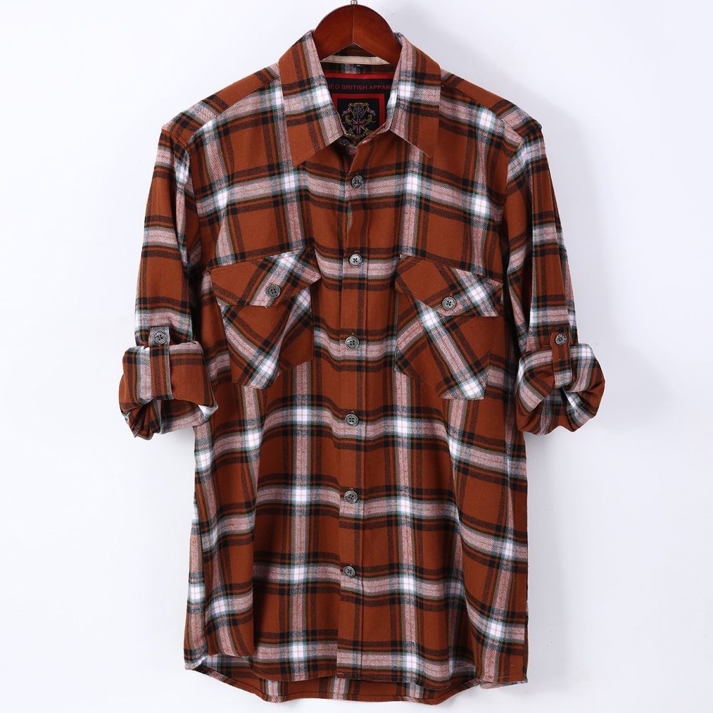 Mens Flannel Shirt Lumberjack Plaid Check Cotton Patch Pockets Shacket Designer  by Janeo British Apparel. Sienna Soft Brown - Image 6