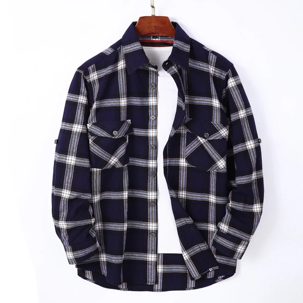 Mens Flannel Shirt Lumberjack Plaid Check Cotton Patch Pockets Shacket Designer by Janeo British Apparel. Medici French Navy - Image 5