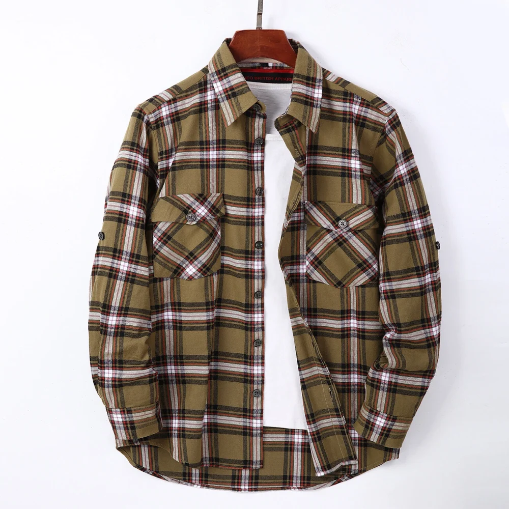 Mens Flannel Shirt Lumberjack Plaid Check Cotton Patch Pockets Shacket Designer  by Janeo British Apparel. Citrine Olive Green - Image 5