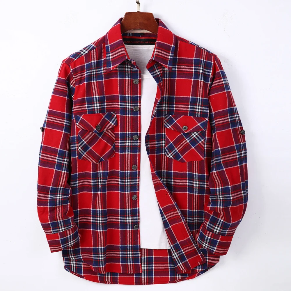 Mens Flannel Shirt Lumberjack Plaid Check Cotton Patch Pockets Shacket Designer by Janeo British Apparel. Shakespear Red - Image 5