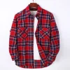 Mens Flannel Shirt Lumberjack Plaid Check Cotton Patch Pockets Shacket Designer by Janeo British Apparel. Shakespear Red - Thumbnail Image 5