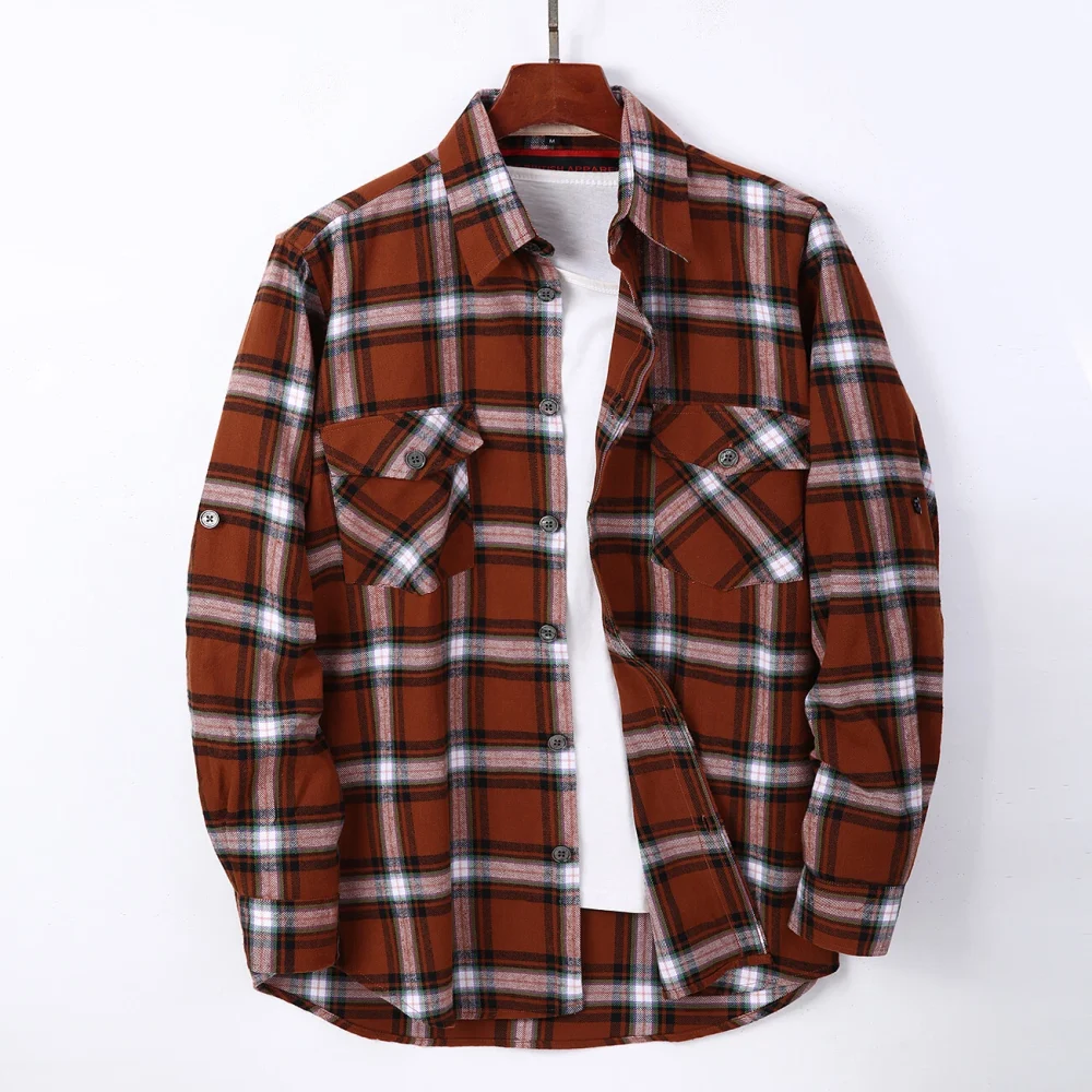 Mens Flannel Shirt Lumberjack Plaid Check Cotton Patch Pockets Shacket Designer  by Janeo British Apparel. Sienna Soft Brown - Image 5
