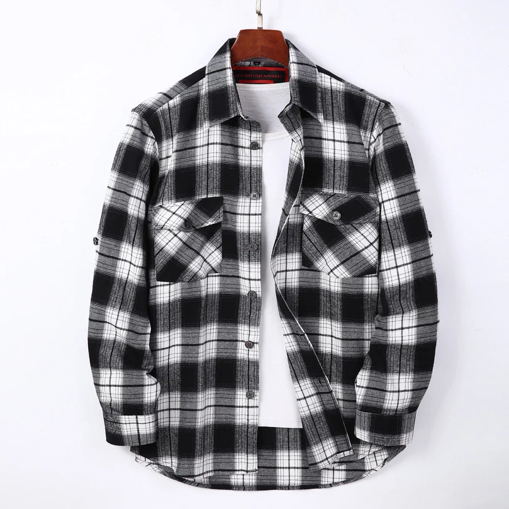 Mens Flannel Shirt Lumberjack Plaid Check Cotton Patch Pockets Shacket Designer  by Janeo British Apparel. The Classic Black & White - Image 5