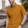 (Mellow Mustard Gold, Plain) Mens Short Sleeve Oxford Shirt Plain or Stripe, Classic Fit, Button Down Collar & Pocket. Holiday Apparel Leisure Shirts - Thumbnail Image 1