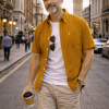 (Mellow Mustard Gold, Plain) Mens Short Sleeve Oxford Shirt Plain or Stripe, Classic Fit, Button Down Collar & Pocket. Holiday Apparel Leisure Shirts - Thumbnail Image 2