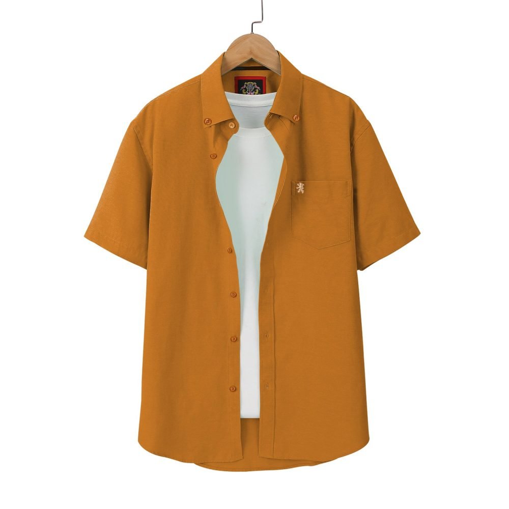 (Mellow Mustard Gold, Plain) Mens Short Sleeve Oxford Shirt Plain or Stripe, Classic Fit, Button Down Collar & Pocket. Holiday Apparel Leisure Shirts - Image 4