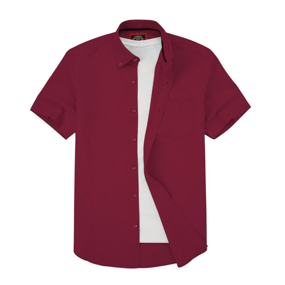 (Merlot Wine, Plain) Mens Short Sleeve Oxford Shirt Plain or Stripe, Classic Fit, Button Down Collar & Pocket. Holiday Apparel Leisure Shirts - Image 4