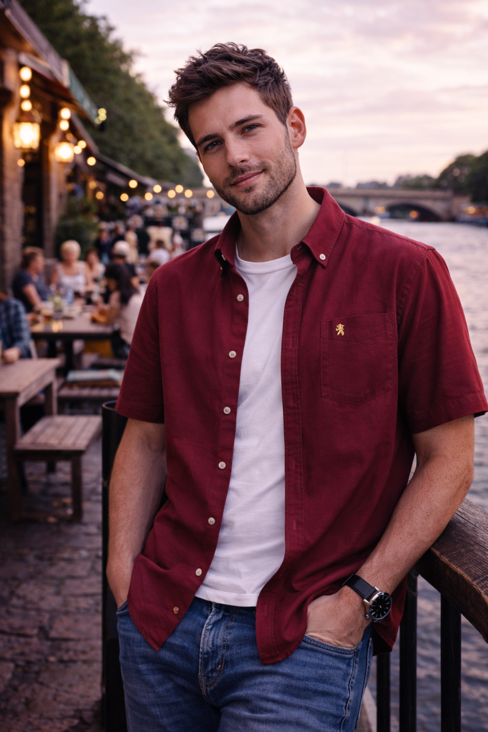 (Merlot Wine, Plain) Mens Short Sleeve Oxford Shirt Plain or Stripe, Classic Fit, Button Down Collar & Pocket. Holiday Apparel Leisure Shirts - Image 2