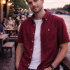 (Merlot Wine, Plain) Mens Short Sleeve Oxford Shirt Plain or Stripe, Classic Fit, Button Down Collar & Pocket. Holiday Apparel Leisure Shirts - Thumbnail Image 2