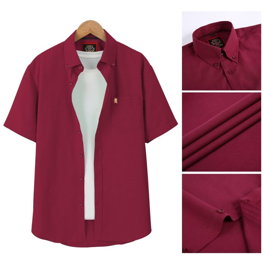 (Merlot Wine, Plain) Mens Short Sleeve Oxford Shirt Plain or Stripe, Classic Fit, Button Down Collar & Pocket. Holiday Apparel Leisure Shirts - Image 6