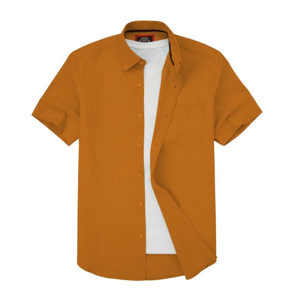 (Mellow Mustard Gold, Plain) Mens Short Sleeve Oxford Shirt Plain or Stripe, Classic Fit, Button Down Collar & Pocket. Holiday Apparel Leisure Shirts - Image 6