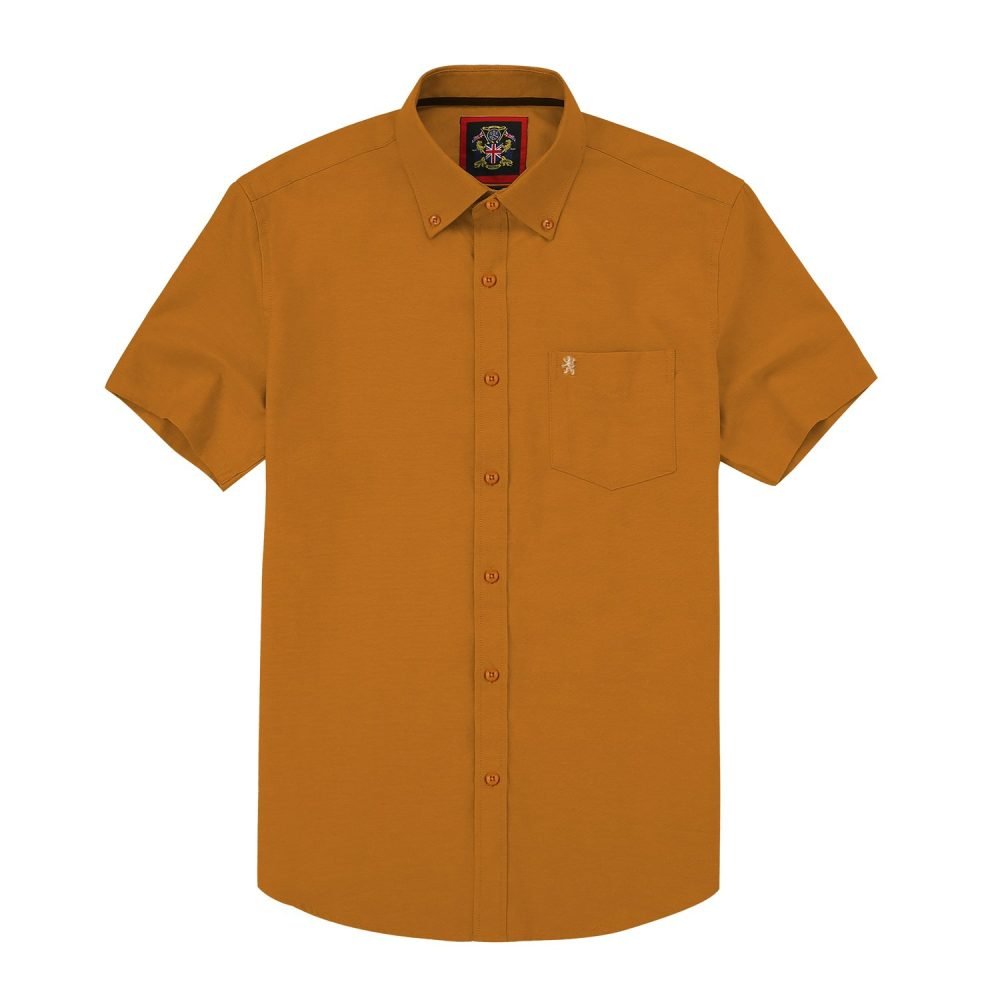 (Mellow Mustard Gold, Plain) Mens Short Sleeve Oxford Shirt Plain or Stripe, Classic Fit, Button Down Collar & Pocket. Holiday Apparel Leisure Shirts - Image 5