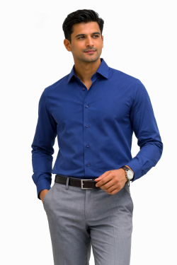 French Ink Blue, Men's Semi Slim Fit Formal Shirt, Cotton Rich Stretch Fabric with Elastane, Crease Resistant
