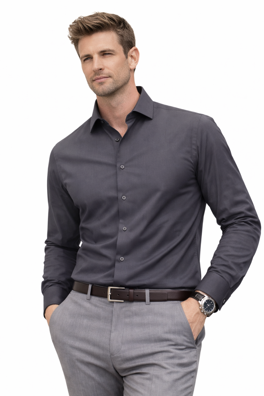 Graphite Dark Grey, Men's Semi Slim Fit Formal Shirt, Cotton Rich Stretch Fabric with Elastane, Crease Resistant - Image 1