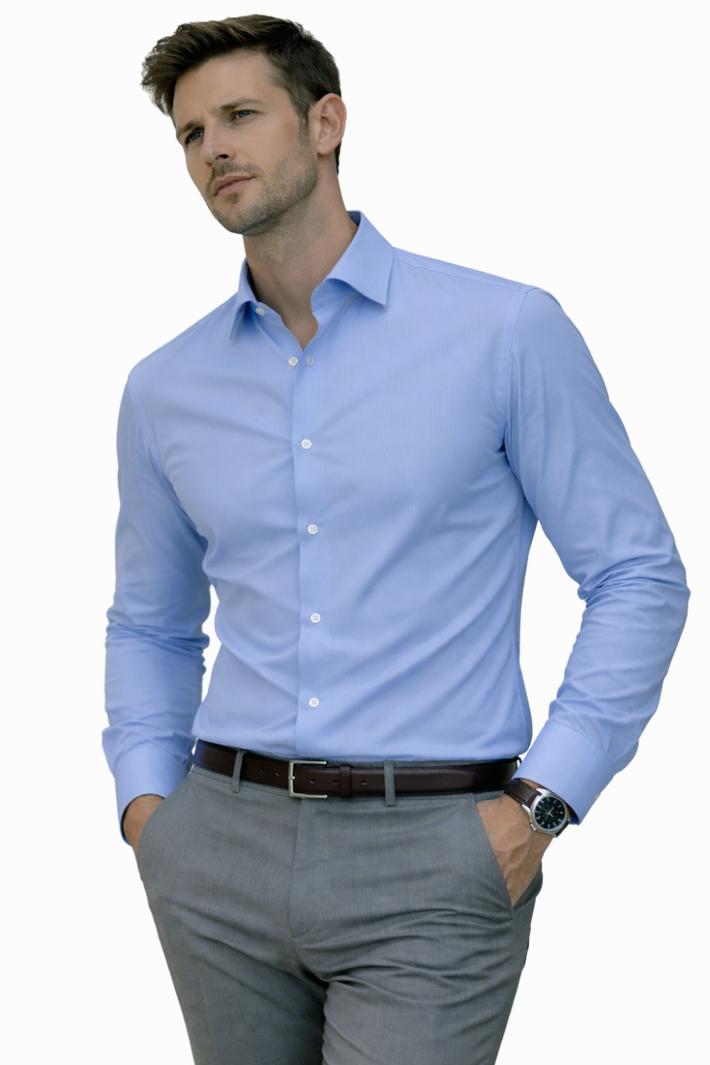 Porcelain Blue, Men's Semi Slim Fit Formal Shirt, Cotton Rich Stretch Fabric with Elastane, Crease Resistant - Image 1