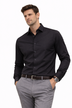 Black, Men's Semi Slim Fit Formal Shirt, Cotton Rich Stretch Fabric with Elastane, Crease Resistant
