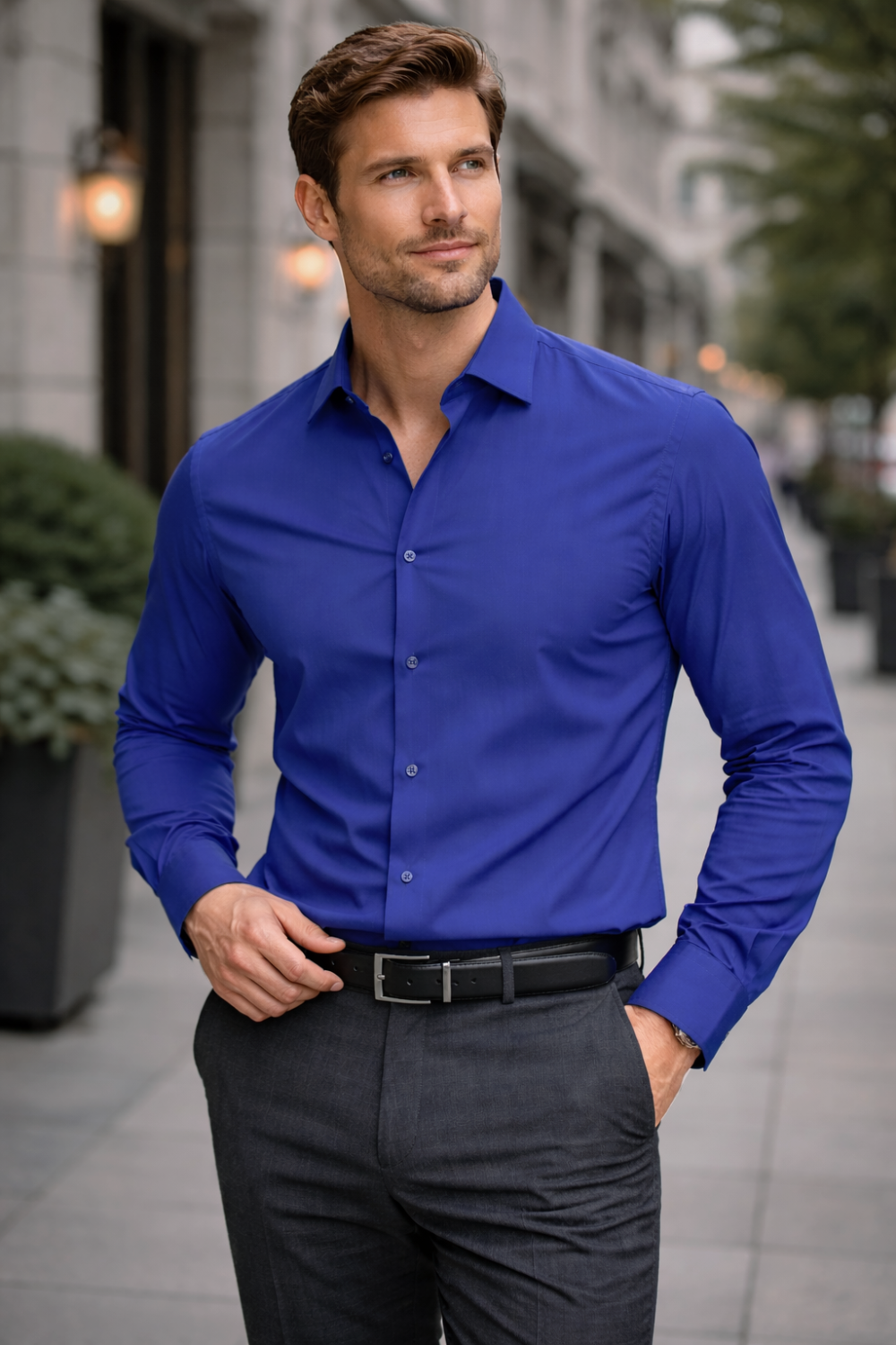 French Ink Blue, Men's Semi Slim Fit Formal Shirt, Cotton Rich Stretch Fabric with Elastane, Crease Resistant - Image 2