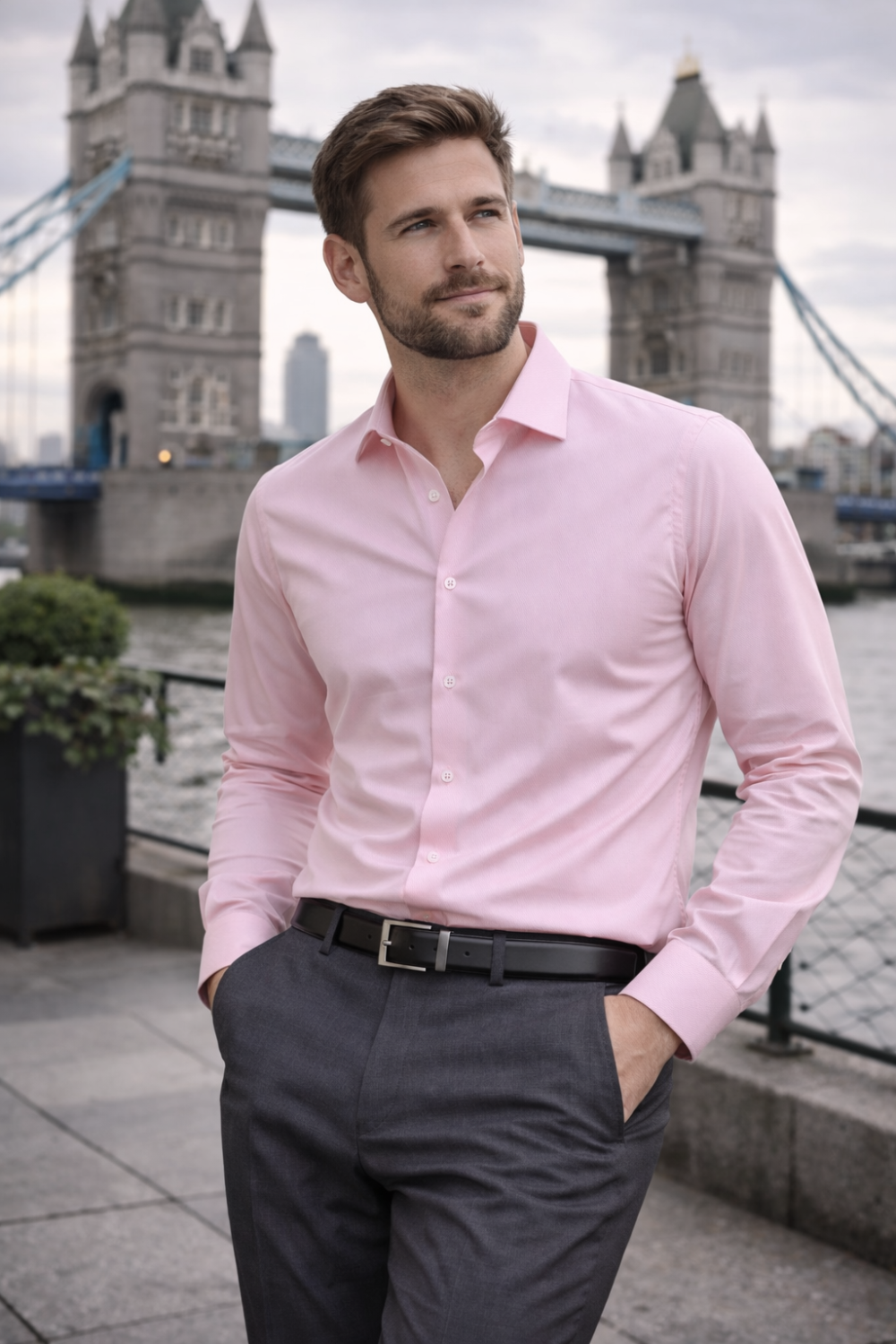 Pink, Men's Semi Slim Fit Formal Shirt, Cotton Rich Stretch Fabric with Elastane, Crease Resistant - Image 2