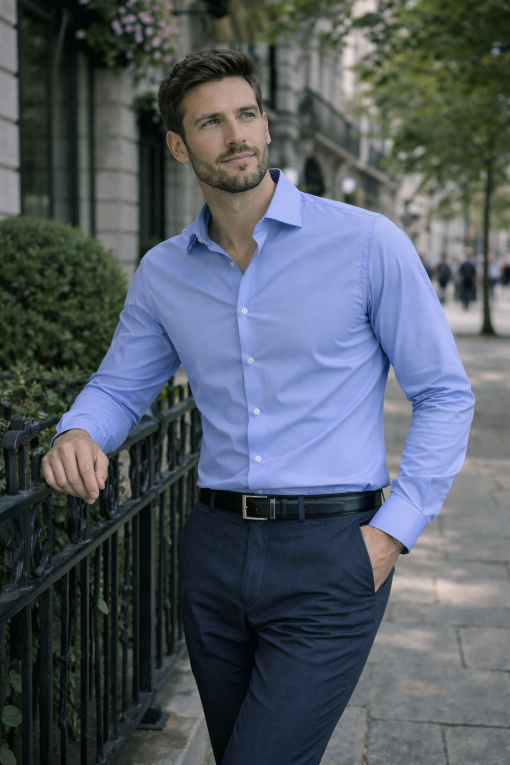 Porcelain Blue, Men's Semi Slim Fit Formal Shirt, Cotton Rich Stretch Fabric with Elastane, Crease Resistant - Image 2