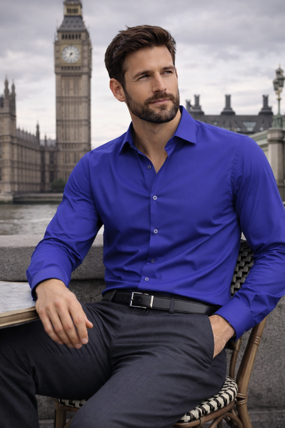 French Ink Blue, Men's Semi Slim Fit Formal Shirt, Cotton Rich Stretch Fabric with Elastane, Crease Resistant - Image 5