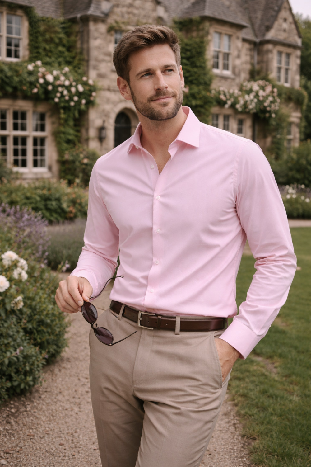 Pink, Men's Semi Slim Fit Formal Shirt, Cotton Rich Stretch Fabric with Elastane, Crease Resistant - Image 5