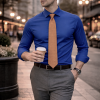 French Ink Blue, Men's Semi Slim Fit Formal Shirt, Cotton Rich Stretch Fabric with Elastane, Crease Resistant - Thumbnail Image 6
