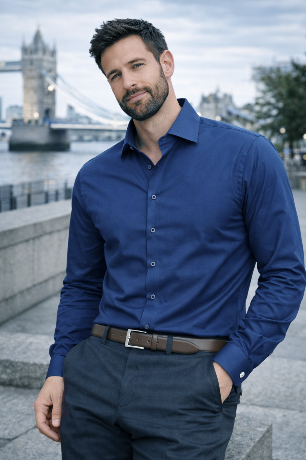 The London Plain Mens Shirt, Regular Fit, Classic Formal Dress Wear, Single & Double Cuff Option, Vintage Blue - Image 2
