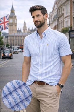 (Jordy Sky Blue, Stripe) Mens Short Sleeve Oxford Shirt Plain or Stripe, Classic Fit, Button Down Collar & Pocket. Holiday Apparel Leisure Shirts