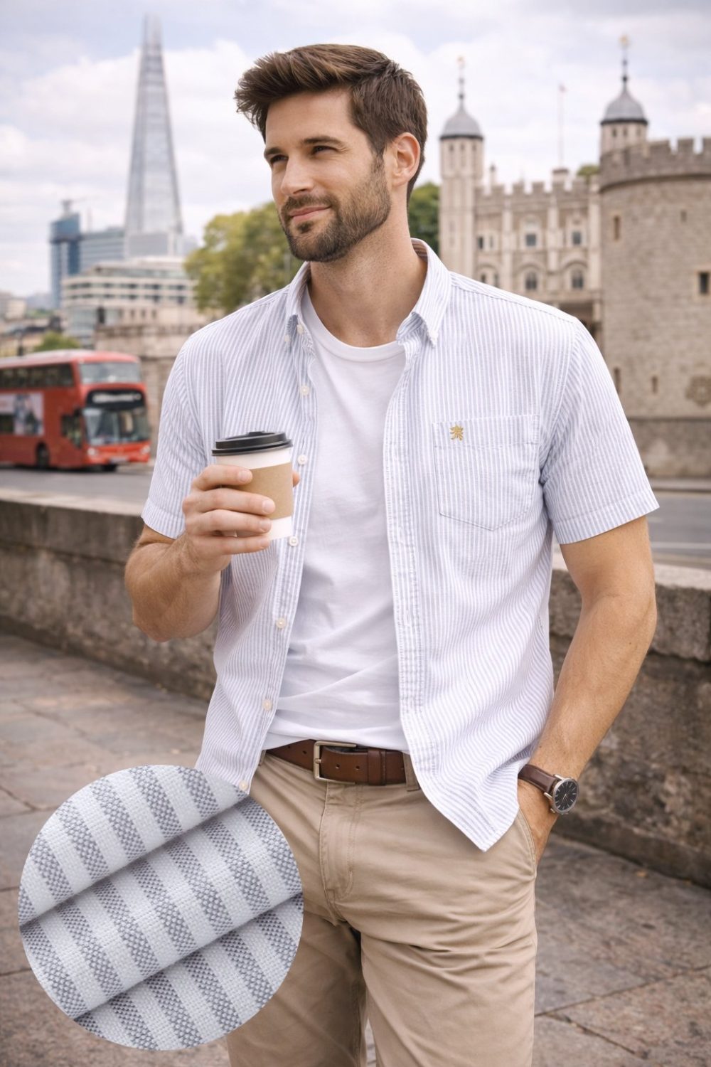 (Cool Grey, Stripe) Mens Short Sleeve Oxford Shirt Plain or Stripe, Classic Fit, Button Down Collar & Pocket. Holiday Apparel Leisure Shirts - Image 1