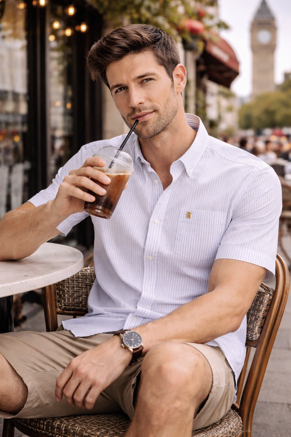 (Cool Grey, Stripe) Mens Short Sleeve Oxford Shirt Plain or Stripe, Classic Fit, Button Down Collar & Pocket. Holiday Apparel Leisure Shirts - Image 3