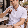 (Cool Grey, Stripe) Mens Short Sleeve Oxford Shirt Plain or Stripe, Classic Fit, Button Down Collar & Pocket. Holiday Apparel Leisure Shirts - Thumbnail Image 3