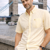 (Mellow Lemon, Stripe) Mens Short Sleeve Oxford Shirt Plain or Stripe, Classic Fit, Button Down Collar & Pocket. Holiday Apparel Leisure Shirts - Thumbnail Image 2