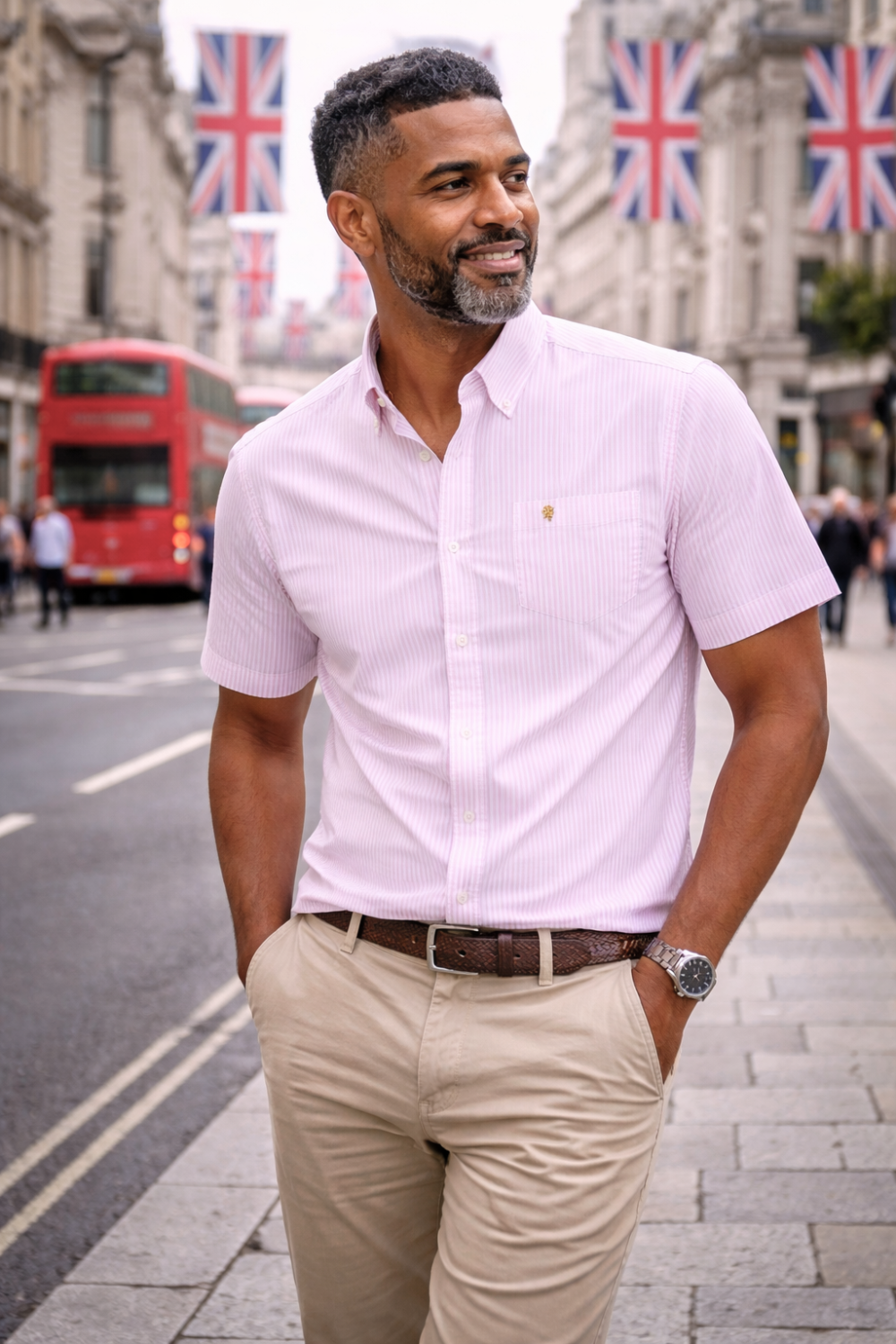 (Tickle Me Pink, Stripe) Mens Short Sleeve Oxford Shirt Plain or Stripe, Classic Fit, Button Down Collar & Pocket. Holiday Apparel Leisure Shirts - Image 2