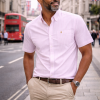 (Tickle Me Pink, Stripe) Mens Short Sleeve Oxford Shirt Plain or Stripe, Classic Fit, Button Down Collar & Pocket. Holiday Apparel Leisure Shirts - Thumbnail Image 2