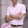 (Tickle Me Pink, Stripe) Mens Short Sleeve Oxford Shirt Plain or Stripe, Classic Fit, Button Down Collar & Pocket. Holiday Apparel Leisure Shirts - Thumbnail Image 1