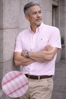 (Tickle Me Pink, Stripe) Mens Short Sleeve Oxford Shirt Plain or Stripe, Classic Fit, Button Down Collar & Pocket. Holiday Apparel Leisure Shirts