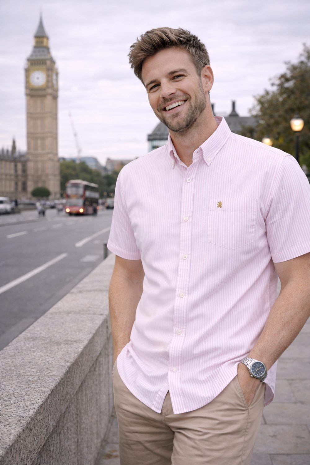 (Tickle Me Pink, Stripe) Mens Short Sleeve Oxford Shirt Plain or Stripe, Classic Fit, Button Down Collar & Pocket. Holiday Apparel Leisure Shirts - Image 3