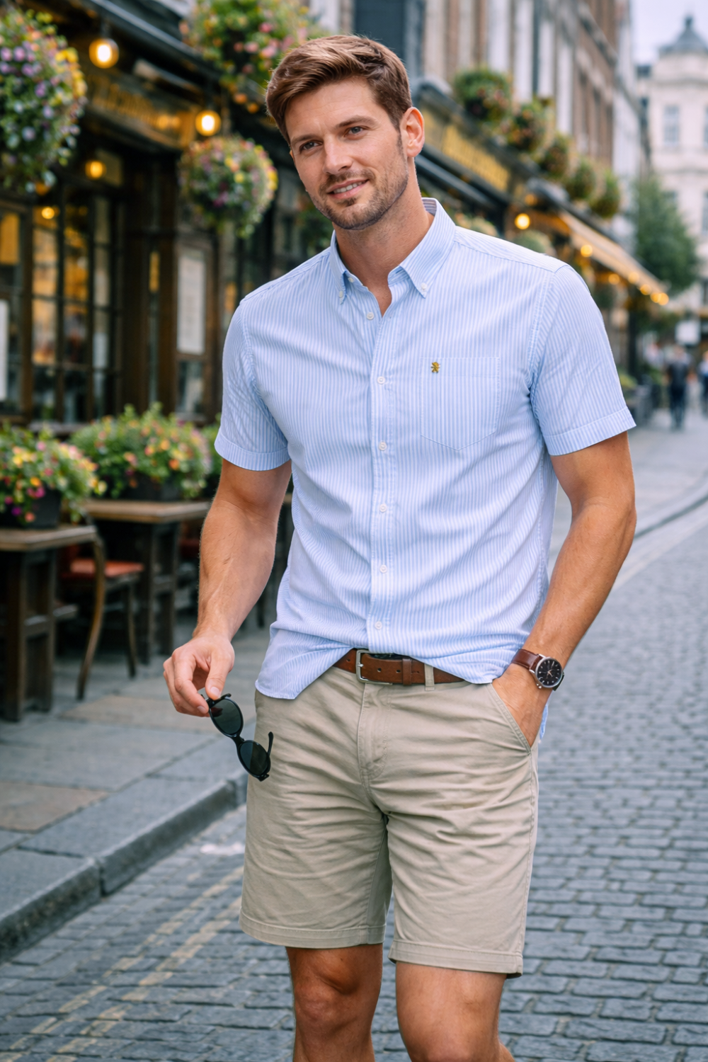 (Jordy Sky Blue, Stripe) Mens Short Sleeve Oxford Shirt Plain or Stripe, Classic Fit, Button Down Collar & Pocket. Holiday Apparel Leisure Shirts - Image 2
