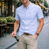 (Jordy Sky Blue, Stripe) Mens Short Sleeve Oxford Shirt Plain or Stripe, Classic Fit, Button Down Collar & Pocket. Holiday Apparel Leisure Shirts - Thumbnail Image 2