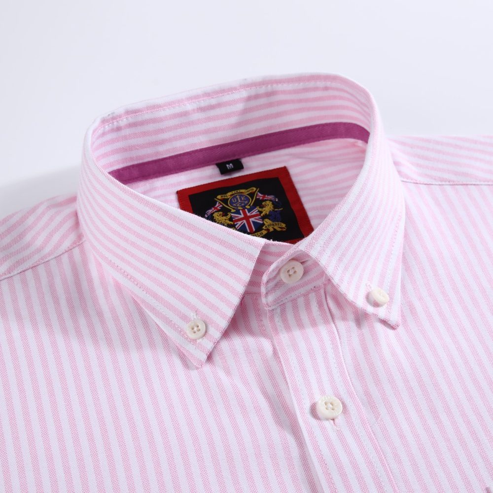 (Tickle Me Pink, Stripe) Mens Short Sleeve Oxford Shirt Plain or Stripe, Classic Fit, Button Down Collar & Pocket. Holiday Apparel Leisure Shirts - Image 6