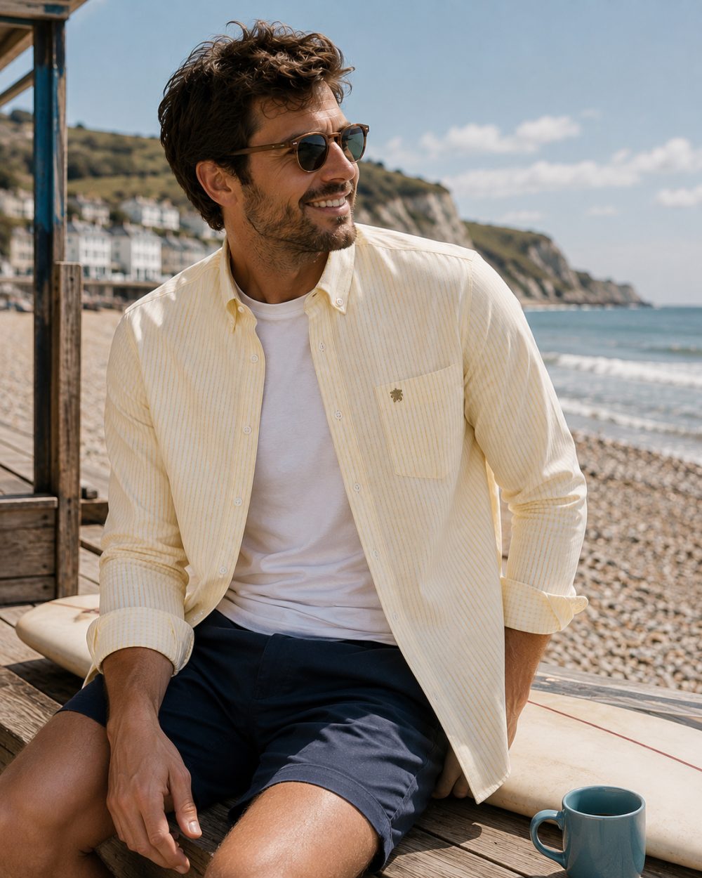 Mellow Lemon - Mens Long Sleeve Stripe Oxford Shirt. The Kensington Button Down Collar & Pocket. Authentic Oxford Fabric (Copy) - Image 3