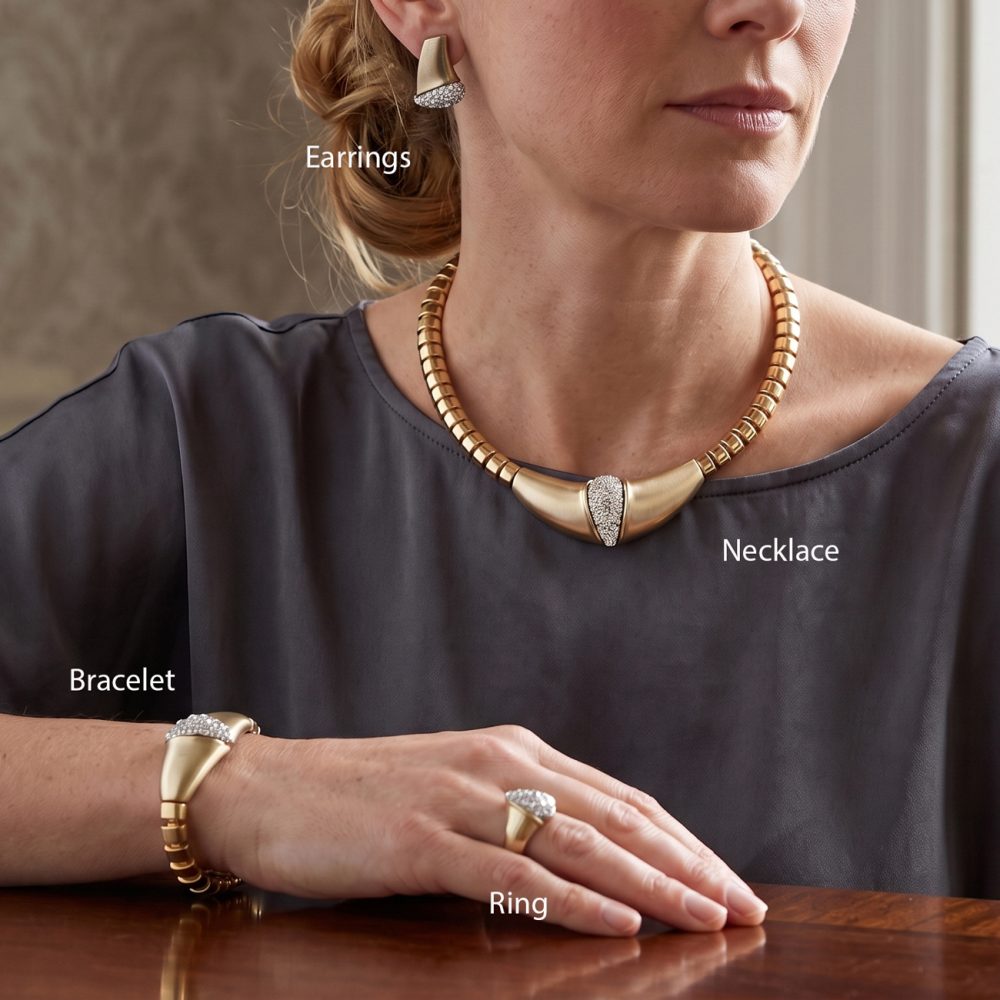 Choker Necklace 4 Pieces Jewellery Set.14K Gold Plated, Swarovski Crystal Element - Image 3