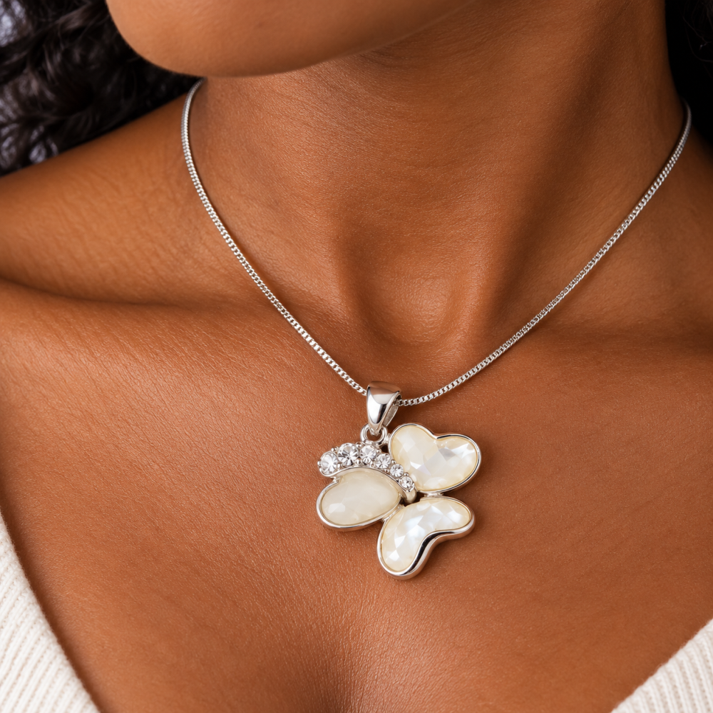 Jewellery Set Mother of Pearl 3 Clover Leaf Heart Crystal Necklace & Earring - Image 6