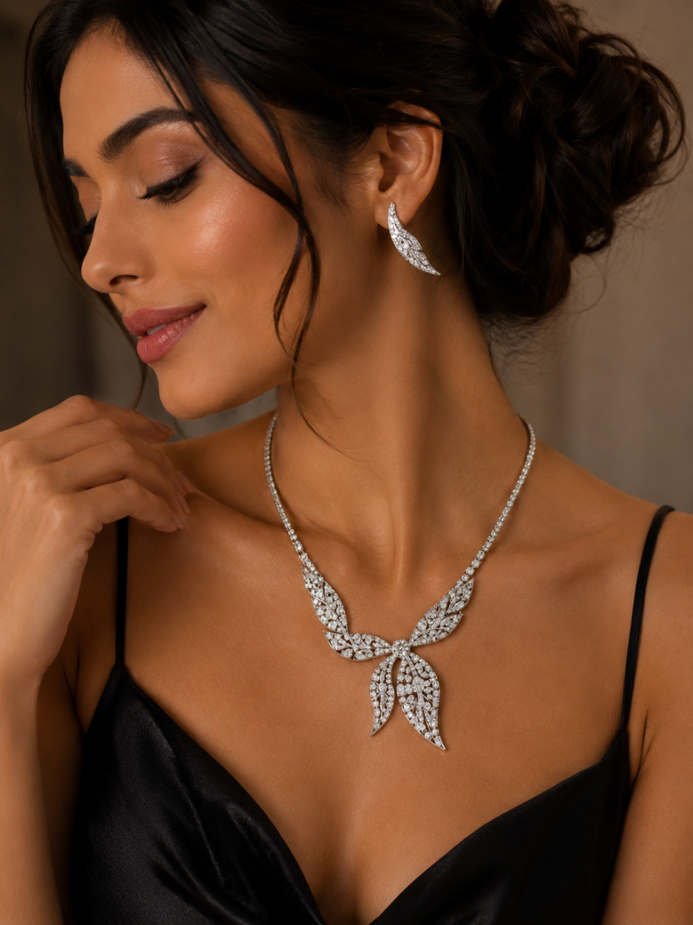 Lavish Crystal Bridal Wedding Jewellery Set, Leaf Design Necklace & Earrings - Image 7