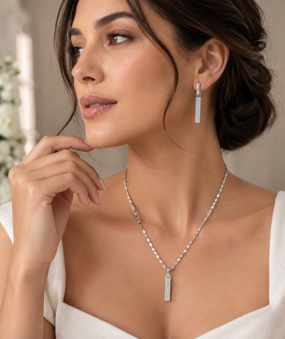 Pendant Necklace Earrings Jewelry Set Swarovski Crystal Elements 14K Rose Gold - Image 5